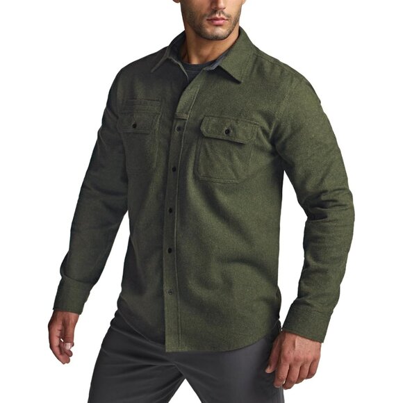 Mens  Hunter Green Mood Cotton Flannel Shirt Long Sleeve Casual Outdoor Plaid - Picture 2 of 9